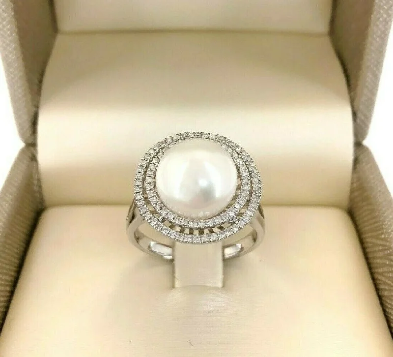 Cushion Cut Engagement Rings0.30 Carat Diamond & 10.5 mm Round Pearl Double Halo and Split Shank Ring 14K