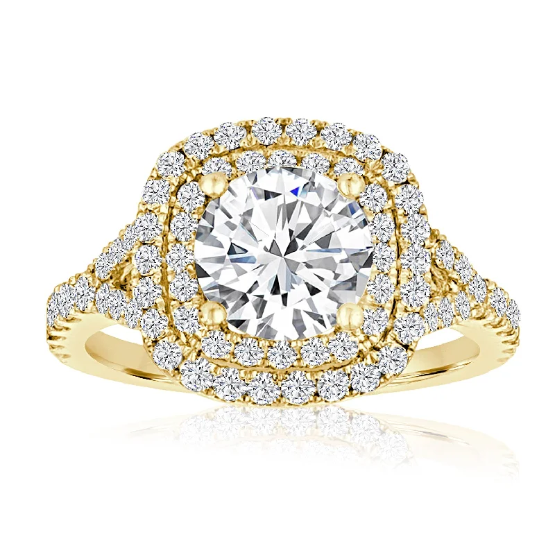 Secret Garden Engagement Rings0.65 CT BR E-I1 NCT DIA/ 14KYG BR 0.66CTW   CUSHION SPLIT SHANK DBL HALO ENG RING