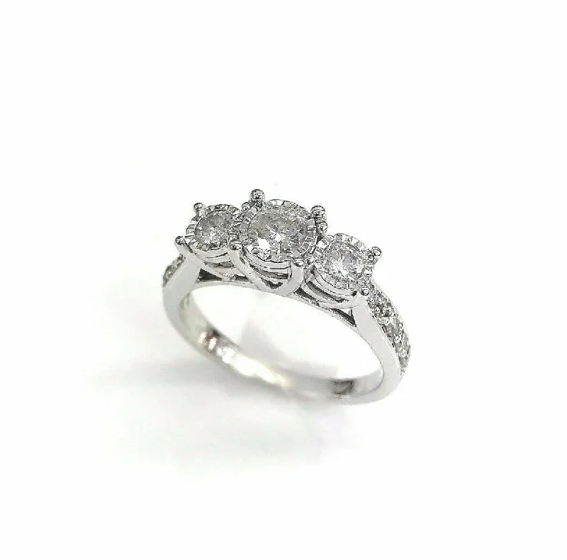 Secret Garden Engagement Rings0.78 Carats 3 Stone Round Brilliant Cut Diamond Wedding Ring w Side Diamonds 14K