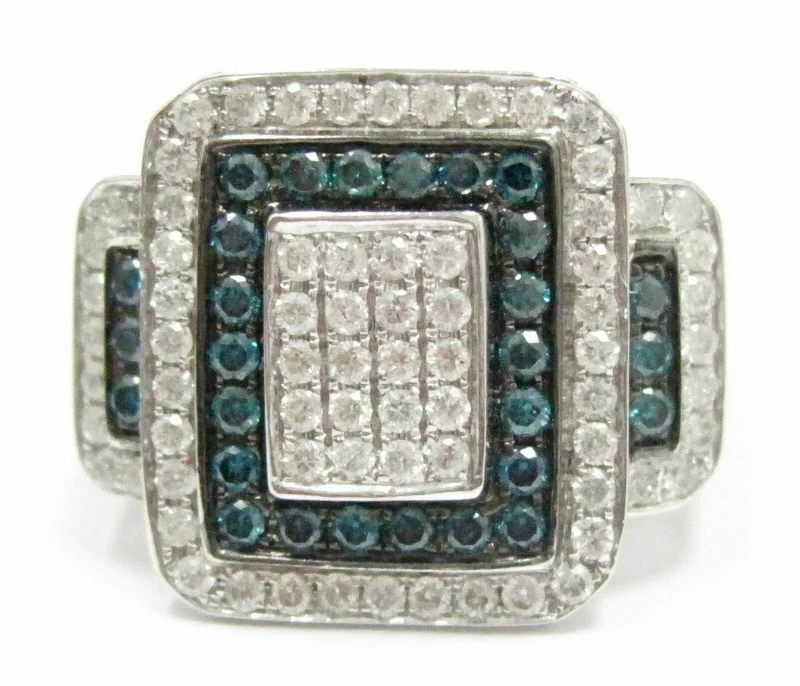 Victorian Engagement Rings1.18 TCW Natural Round Blue & White Diamonds Square Cocktail Ring Size 7 14kt WG