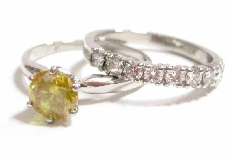 Family Heirloom Engagement Rings1.52 TCW Round Fancy Yellow Diamond Ring Wedding Set Size 7 VS1 Platinum