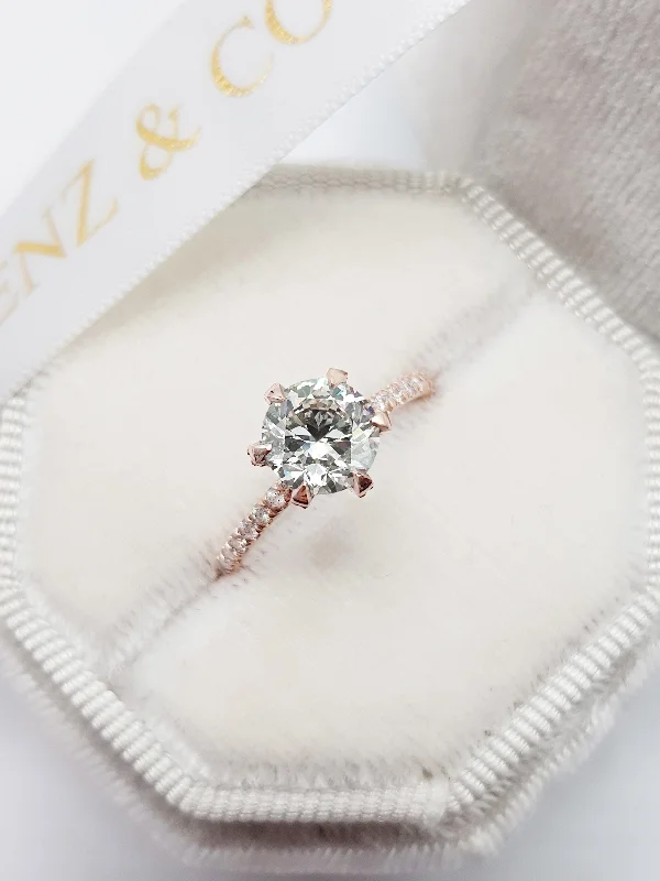 Cushion Cut Engagement Rings1.54 Carats Round Brilliant Cut Micropave Side Stones Accented Prongs Diamond Engagement Ring in Rose Gold