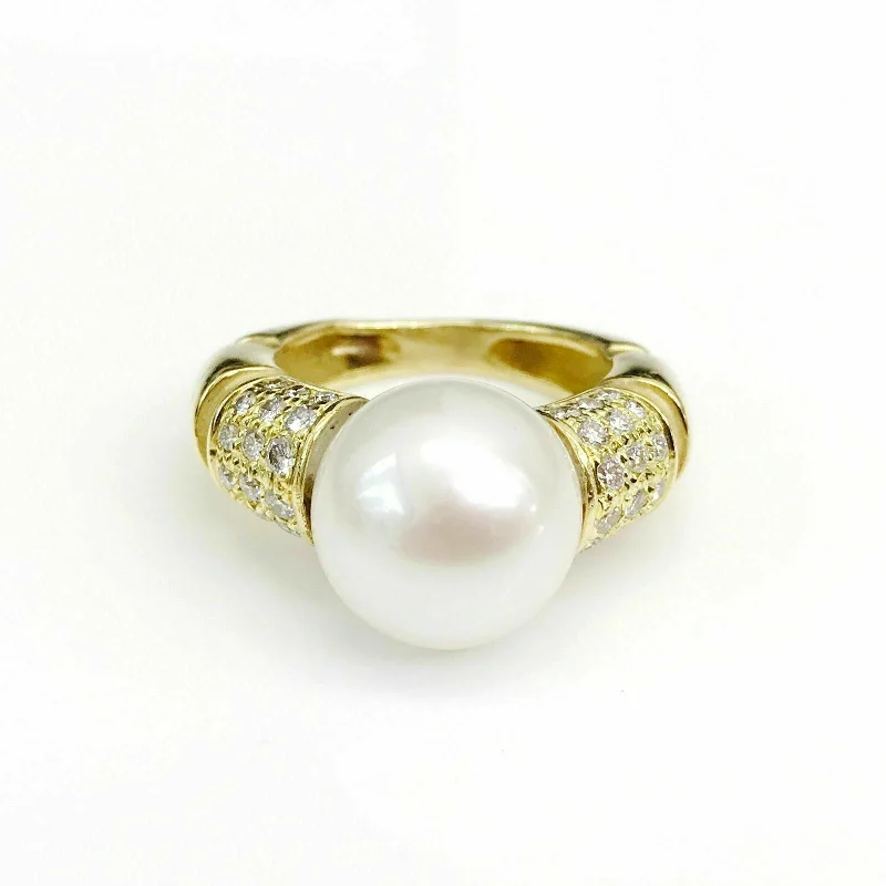 Solitaire Gemstone Engagement Rings11 mm Round Pearl Ring with Diamond Accents in 18K Yellow Gold