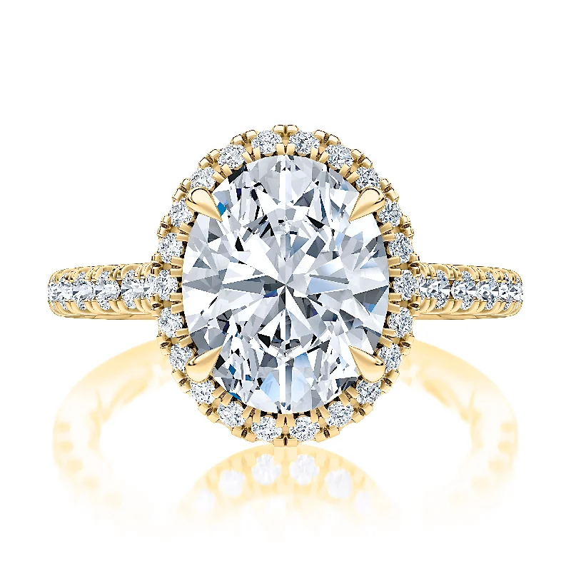 Moissanite Engagement Rings14KWG 0.42CTW BR DIA OV HALO AND HALFWAY DIA CATHEDRAL SHANK ENG RING      3.00CT OV CENTER