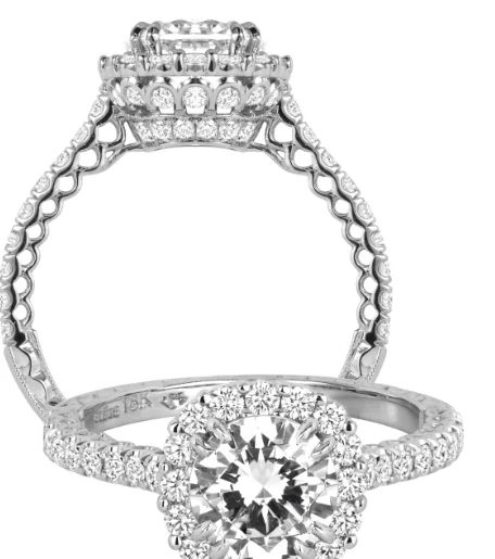 Diamond and Emerald Engagement Rings18KWG BR 0.70CTW DIA CU HALO, CROWN & SHANK ENG RING.  54 DIA = 0.70CT