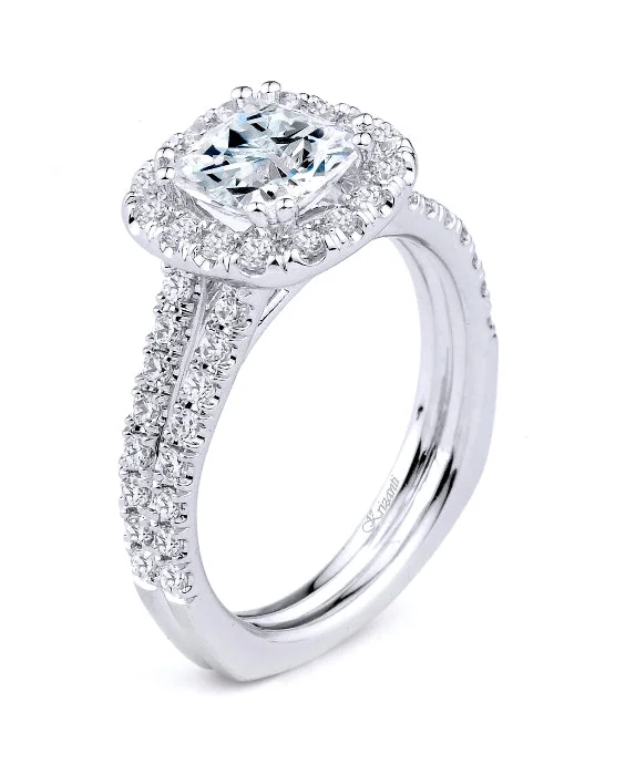 Modern Vintage Engagement Rings18KWG BR 0.74CTW DIA CU HALO, DIA BRIDGE & SPLIT SHANK ENG RING.