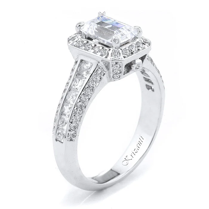 Family Heirloom Engagement Rings18KWG BR 0.88CTW DIA EC HALO, W/PAVE & CHANNEL SET PR CUT SIDE ENG RING.  7.5X5.5 CENTER EC