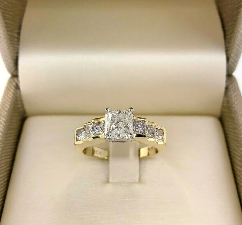 Edwardian Engagement Rings2.02 Carats t.w. Princess Cut Diamonds Engagement Ring 1 Carat Center 14K 2 Tone