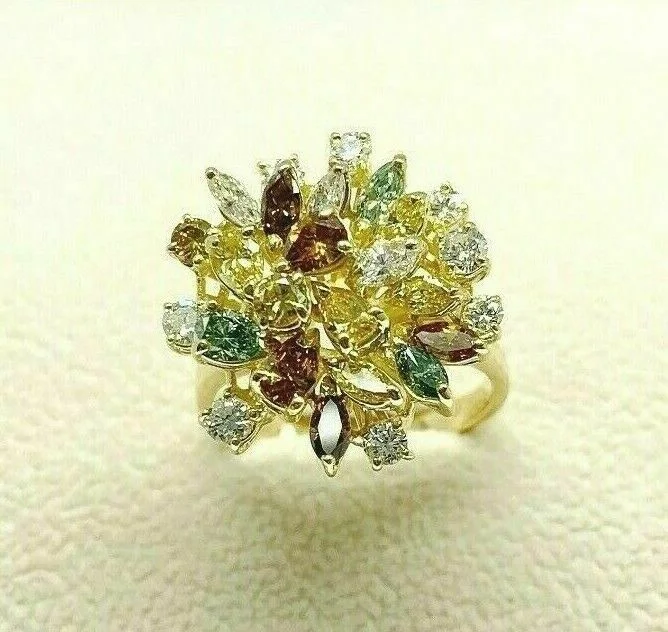 Hidden Halo Engagement Rings2.70 Carats t.w. Fancy and White Diamond Bouquet Anniversary Cocktail Ring 18K