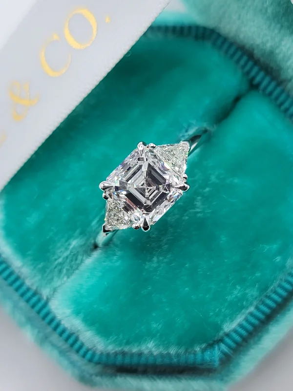 Yellow Gold Engagement Rings3.01 Carats Asscher Cut with Trillions Side Stones Diamond Engagement Ring