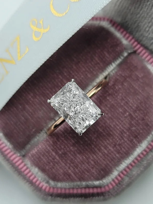 Moissanite Engagement Rings3.15 Carats Lab Grown Radiant Cut Two Tone Solitaire Hidden Halo Diamond Engagement Ring