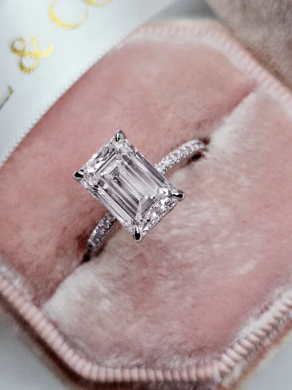 Cheap Engagement Rings3.42 Carats Lab Grown Emerald Cut Micropaved Side Stones Hidden Halo Diamond Engagement Ring