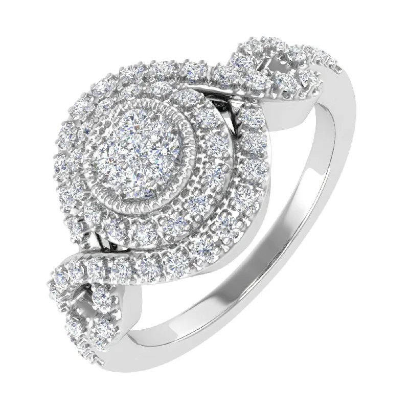 Tapered Shank Engagement Rings3/8 Carat Prong Set Diamond Twisted Halo Engagement Ring in Gold