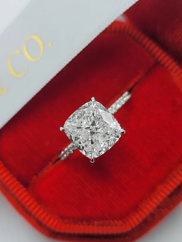 Antique Engagement Rings4.52 Carats Lab Grown Cushion Cut Micropaved Side Stones Hidden Halo Diamond Engagement Ring