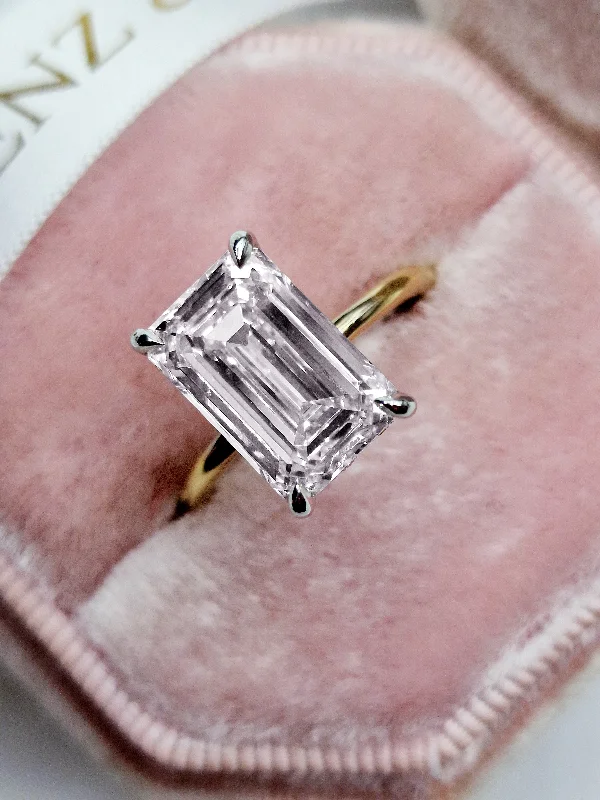 Recycled Engagement Rings5.28 Carats Lab Grown Emerald Cut Two Tone Solitaire Hidden Halo Diamond Engagement Ring