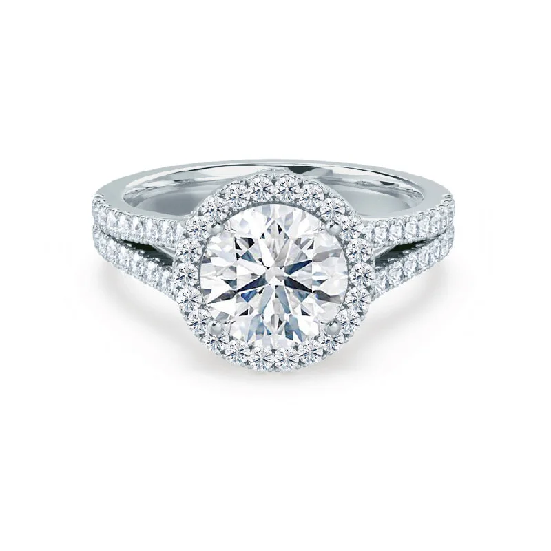 Moissanite Engagement RingsAMELIA - Round Moissanite & Diamond 950 Platinum Halo Ring