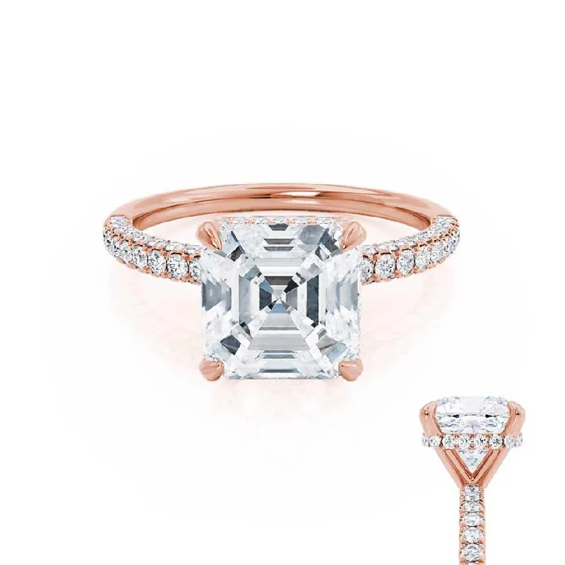 Cheap Engagement RingsCOCO - Asscher Moissanite & Diamond 18k Rose Gold Hidden Halo Triple Pavé Shoulder Set