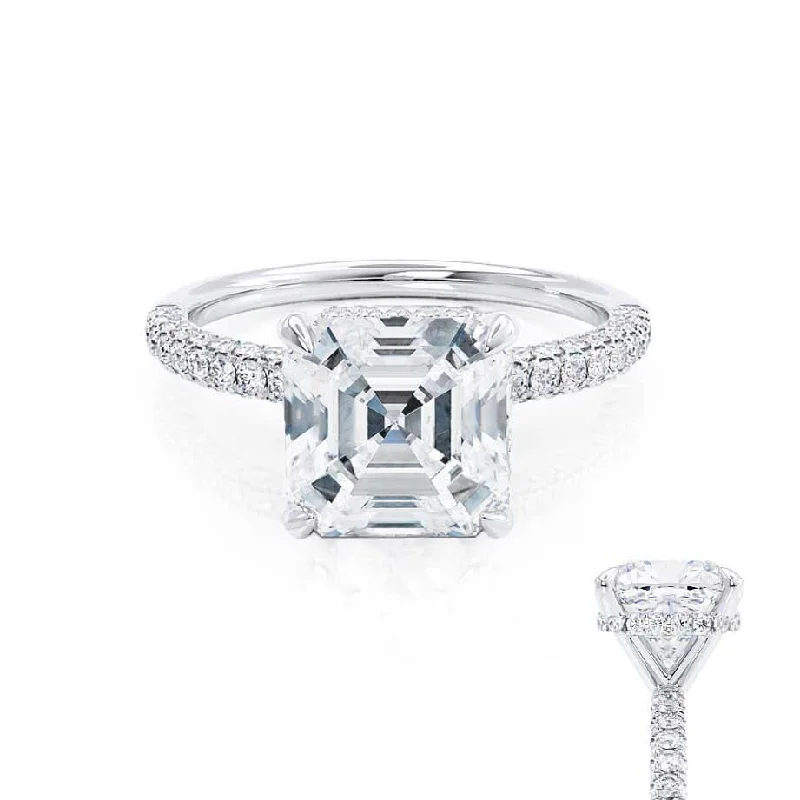 Adjustable Engagement RingsCOCO - Asscher Moissanite & Diamond Platinum Hidden Halo Triple Pavé Shoulder Set