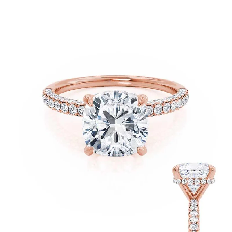 Adjustable Engagement RingsCOCO - Cushion Moissanite & Diamond 18k Rose Gold Hidden Halo Triple Pavé Shoulder Set