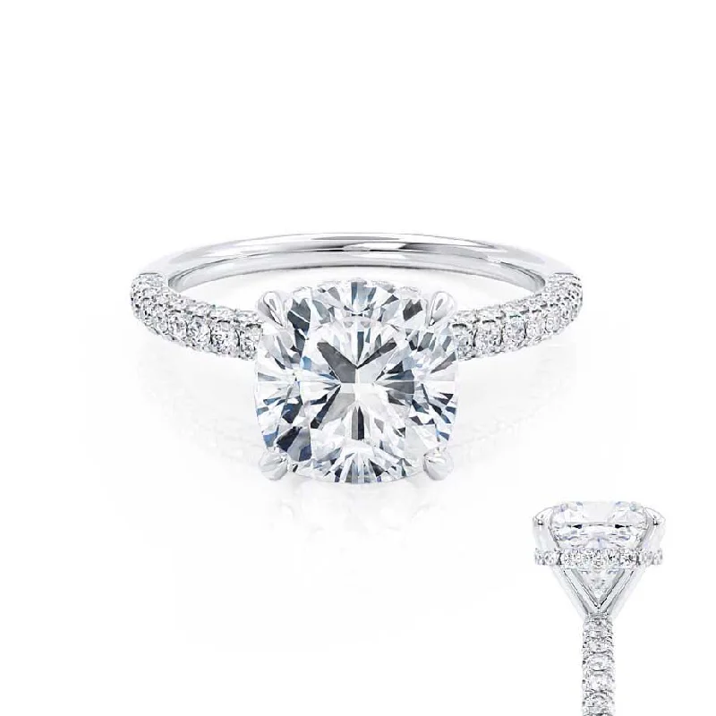 Braided Shank Engagement RingsCOCO - Cushion Moissanite & Diamond Platinum Hidden Halo Triple Pavé Shoulder Set