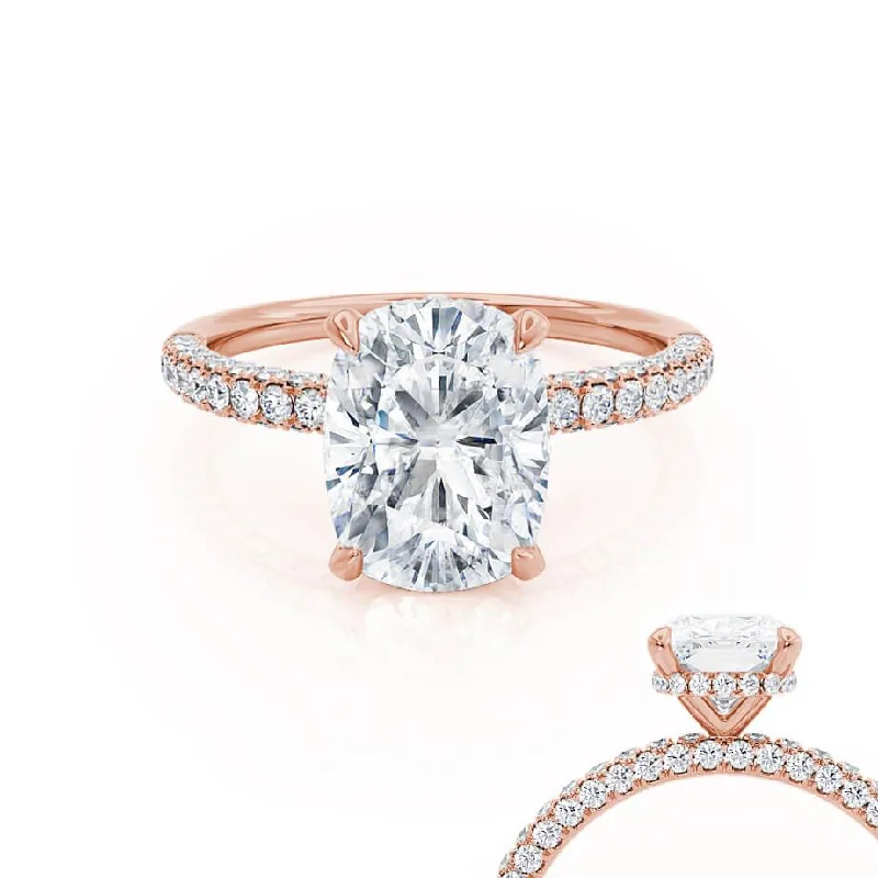 Stackable Engagement RingsCOCO - Elongated Cushion Moissanite & Diamond 18k Rose Gold Petite Hidden Halo Triple Pavé Ring