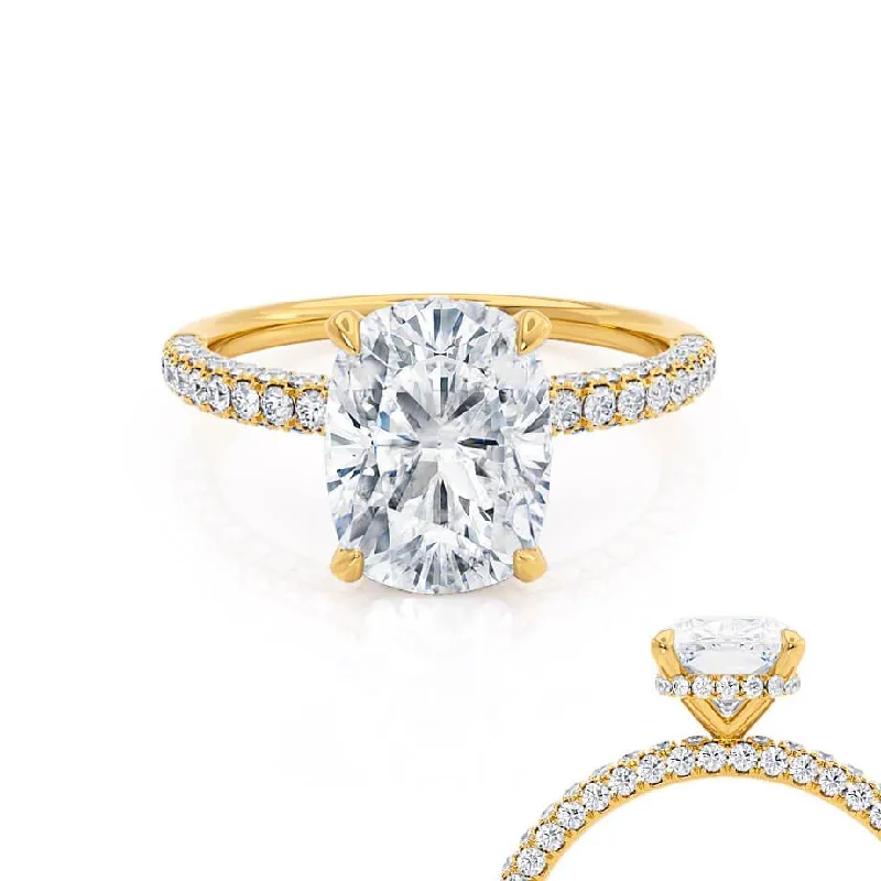 Pave Set Engagement RingsCOCO - Elongated Cushion Moissanite & Diamond 18k Yellow Gold Petite Hidden Halo Triple Pavé Ring