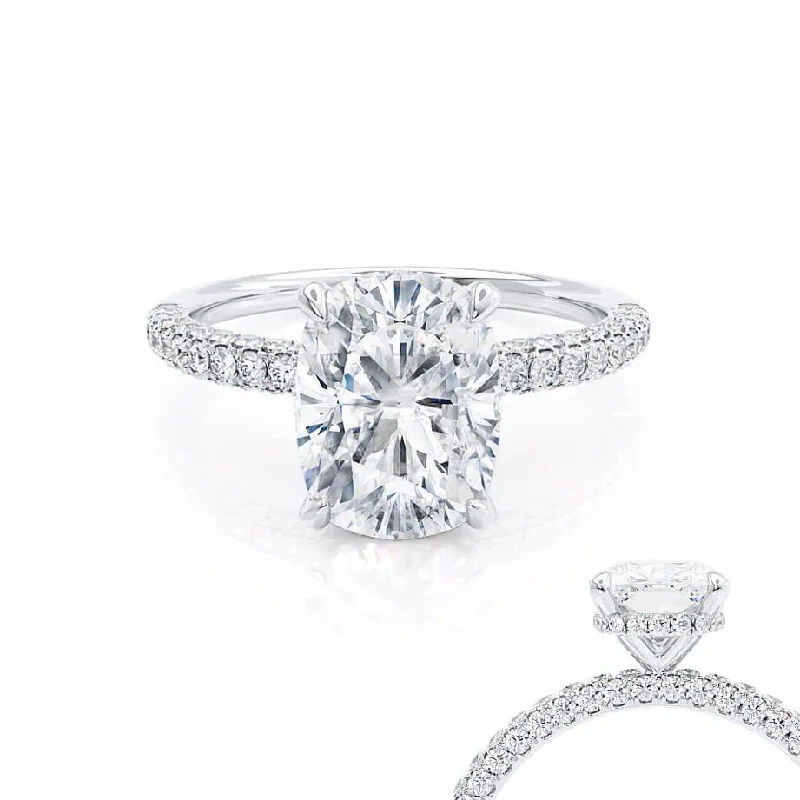 Split Shank Engagement RingsCOCO - Elongated Cushion Moissanite & Diamond Platinum Petite Hidden Halo Triple Pavé Ring