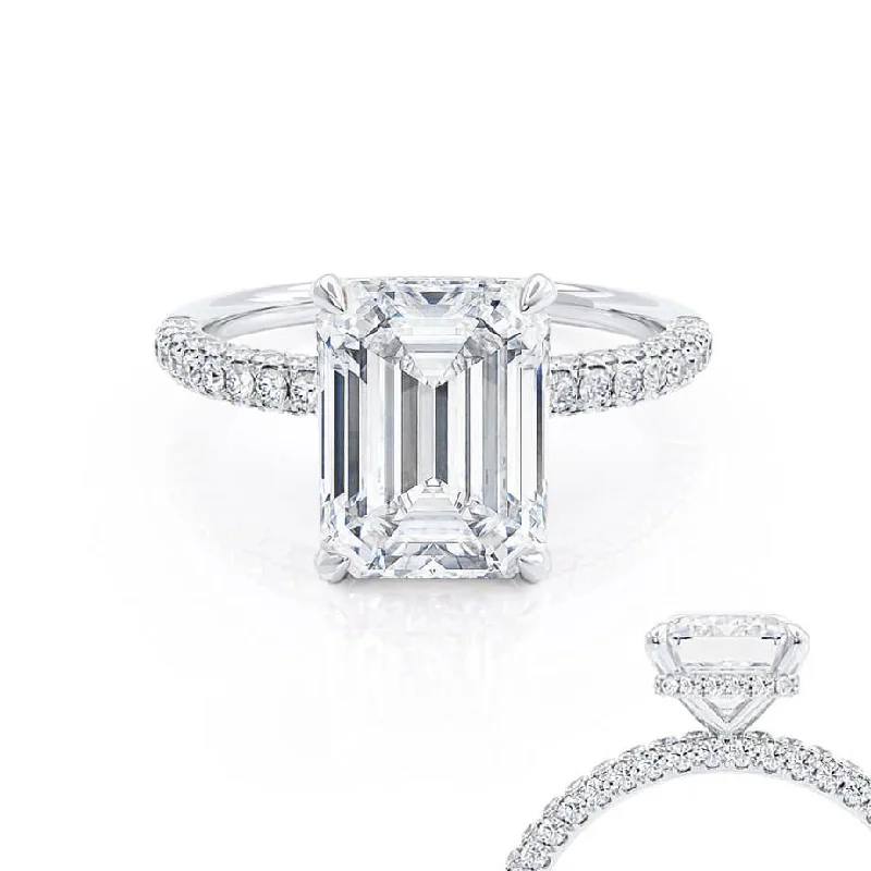 Marquise Cut Engagement RingsCOCO - Emerald Moissanite & Diamond Platinum Petite Hidden Halo Triple Pavé Ring