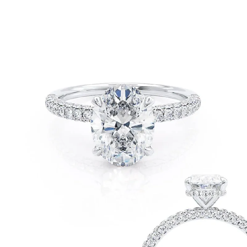 Sustainable Engagement RingsCOCO - Oval Moissanite & Diamond Platinum Petite Hidden Halo Triple Pavé Shoulder Set Ring