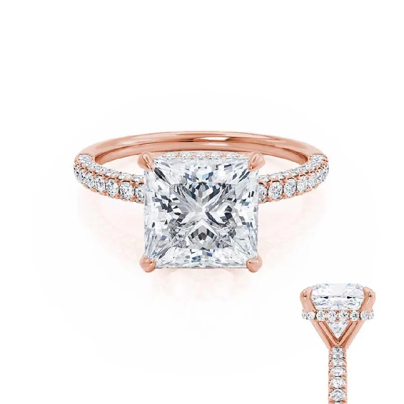 Engagement Rings for Sensitive SkinCOCO - Princess Moissanite & Diamond 18k Rose Gold Hidden Halo Triple Pavé Shoulder Set