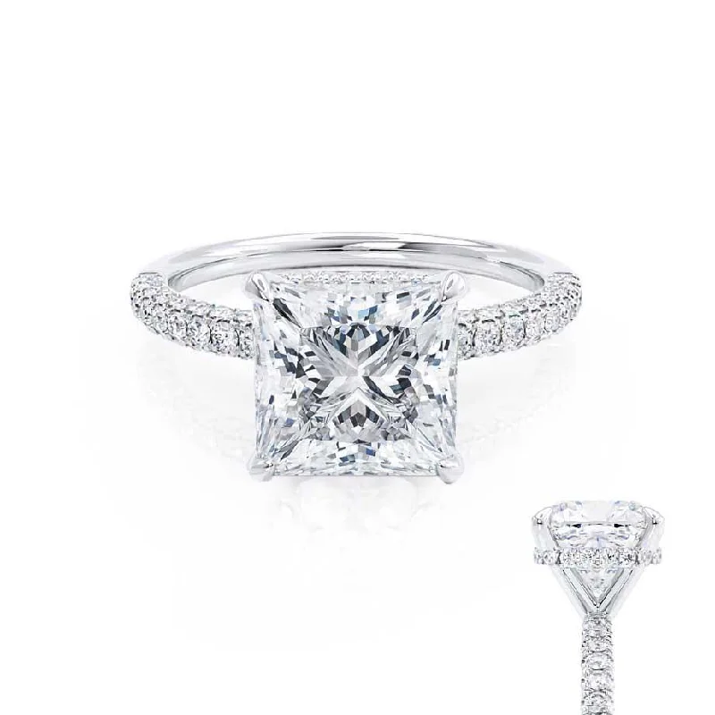 Thin Band Engagement RingsCOCO - Princess Moissanite & Diamond Platinum Hidden Halo Triple Pavé Shoulder Set