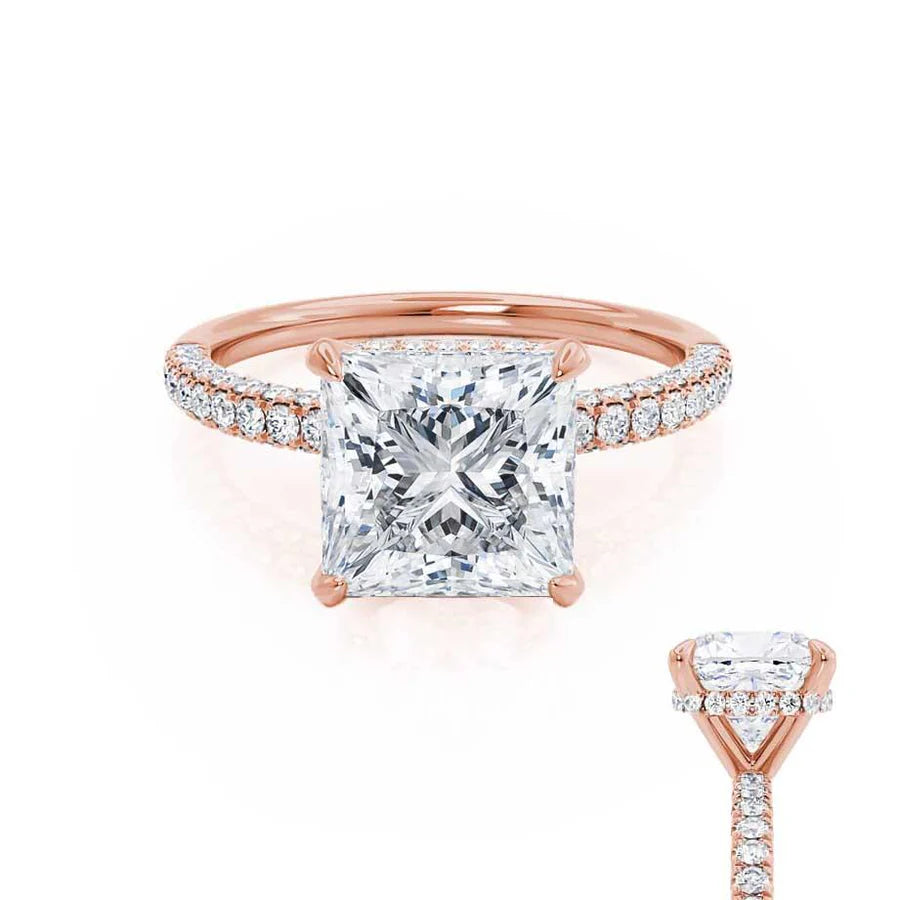 Minimalist Engagement RingsCOCO - Princess Lab Diamond 18k Rose Gold Hidden Halo Triple Pavé Shoulder Set