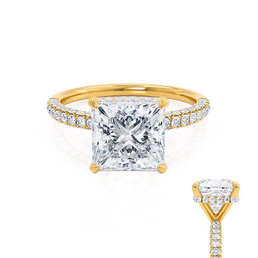 Art Deco Engagement RingsCOCO - Princess Lab Diamond 18k Yellow Gold Hidden Halo Triple Pavé Shoulder Set