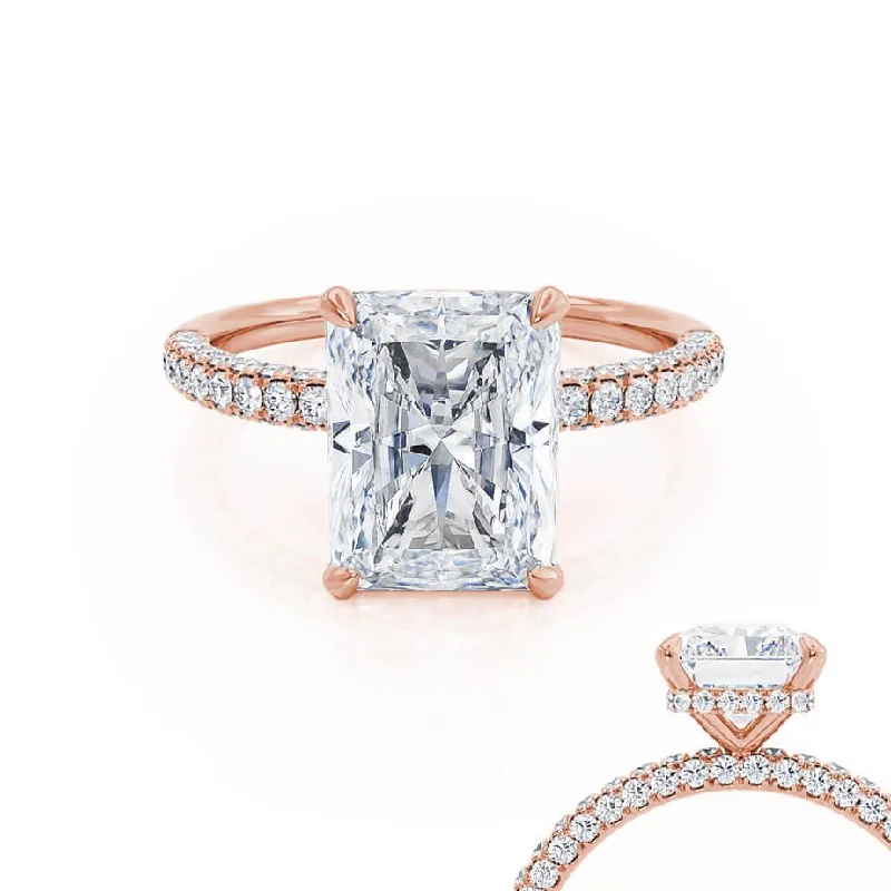 Engagement Rings for Small HandsCOCO - Radiant Moissanite & Diamond 18k Rose Gold Petite Hidden Halo Triple Pavé Shoulder Set Ring