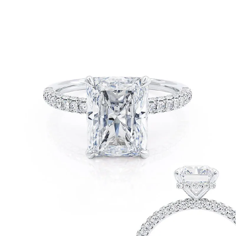 Princess Cut Engagement RingsCOCO - Radiant Moissanite & Diamond Platinum Petite Hidden Halo Triple Pavé Shoulder Set Ring