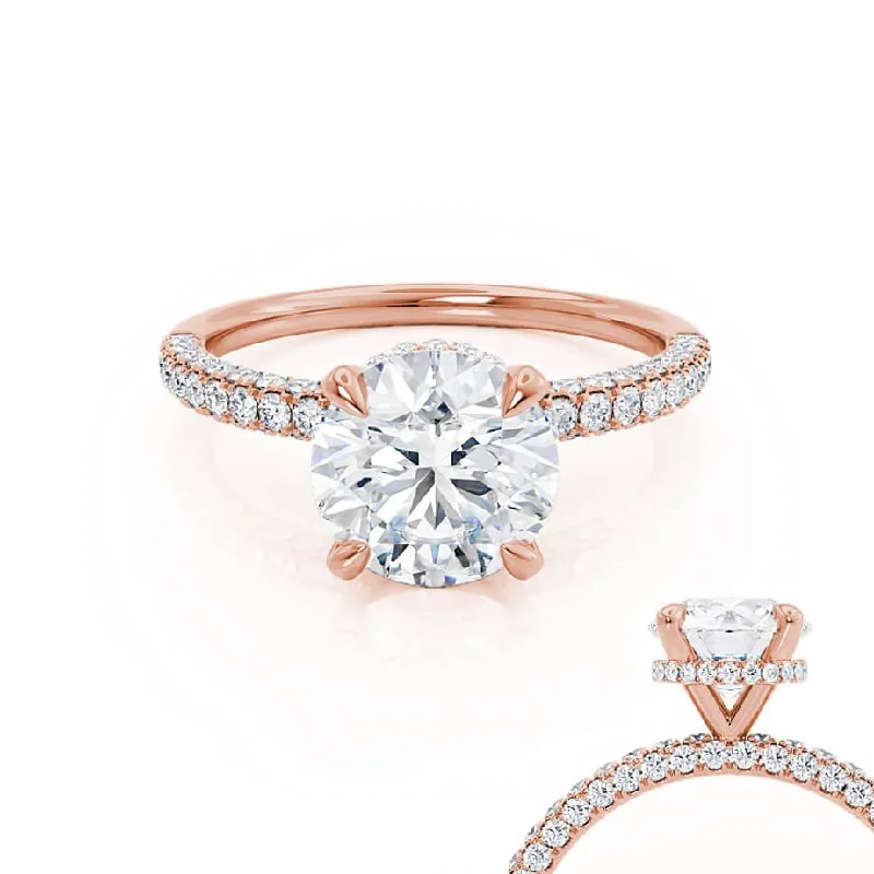 Celtic Engagement RingsCOCO- Round Moissanite & Diamond 18k Rose Gold Petite Hidden Halo Triple Pavé Shoulder Set Ring