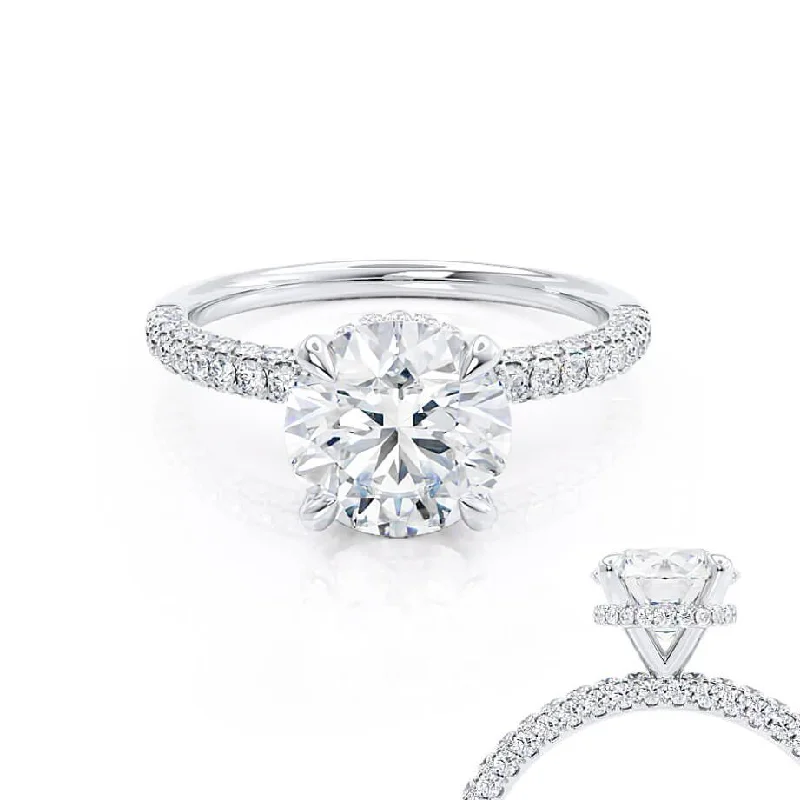 Handmade Engagement RingsCOCO - Round Moissanite & Diamond Platinum Petite Hidden Halo Triple Pavé Shoulder Set Ring