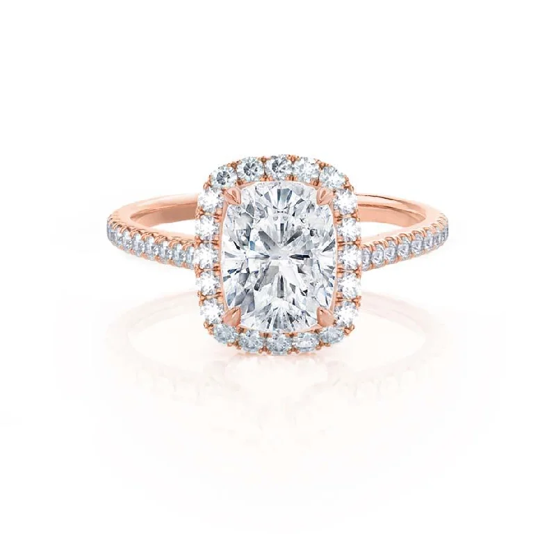 Two Tone Engagement RingsDARLEY - Moissanite Elongated Cushion Micro Pavé 18k Rose Gold Halo