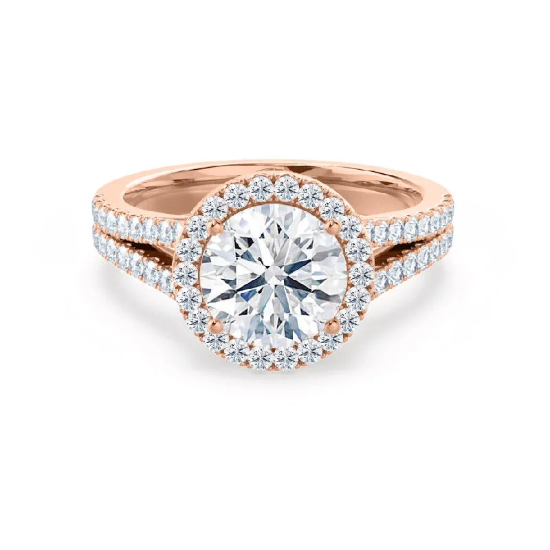 Nature Inspired Engagement RingsAMELIA - Round Moissanite & Diamond 18k Rose Gold Halo Ring