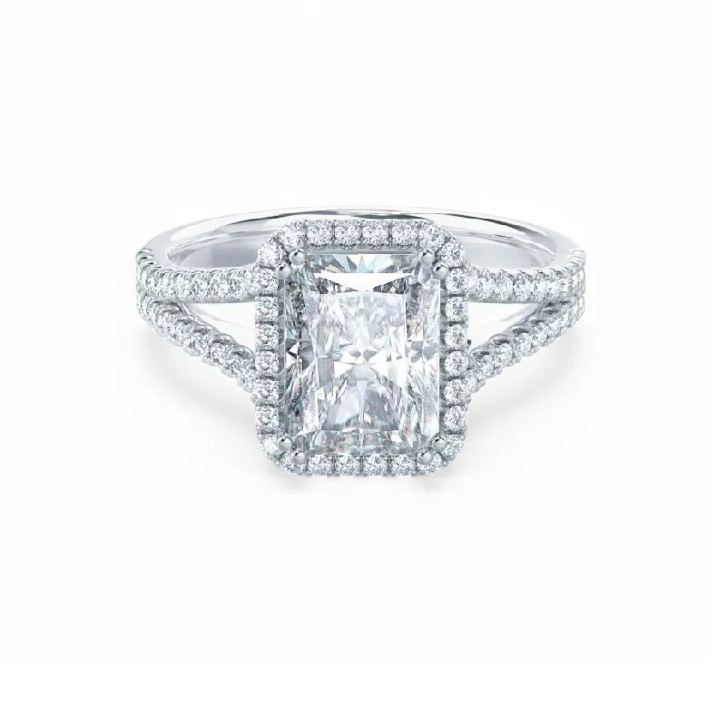 Ethical Engagement RingsEVERLY - Radiant Moissanite & Diamond 950 Platinum Split Shank Halo Ring