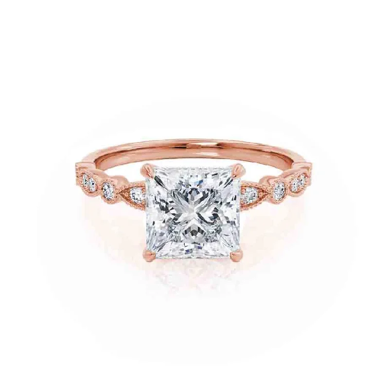 Palladium Engagement RingsHOPE - Princess Moissanite & Diamond 18k Rose Gold Vintage Shoulder Set