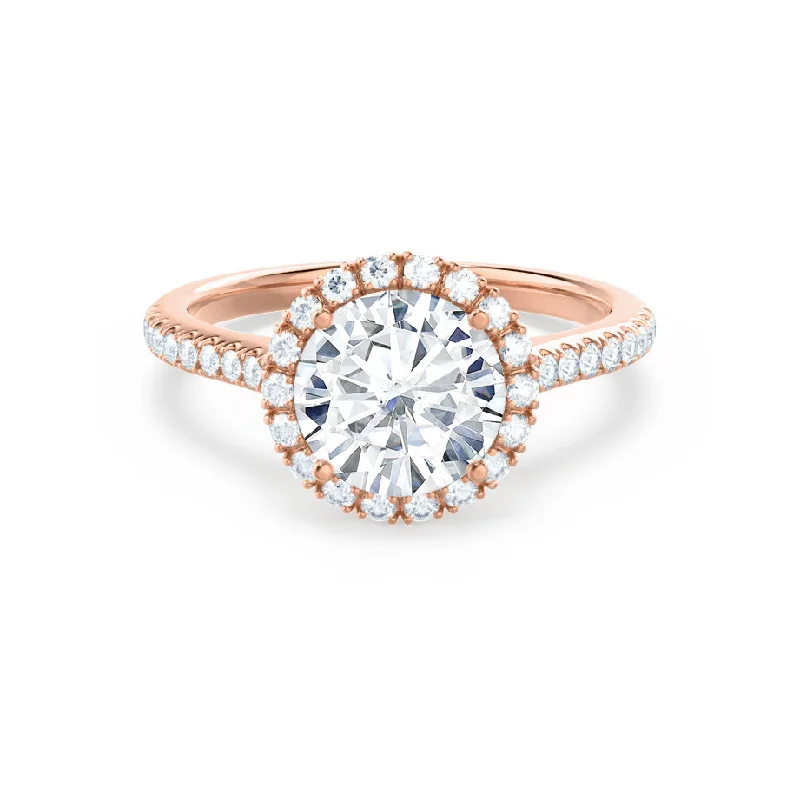 Classic Engagement RingsLAVENDER - Round Moissanite & Diamond 18k Rose Gold Petite Halo Ring