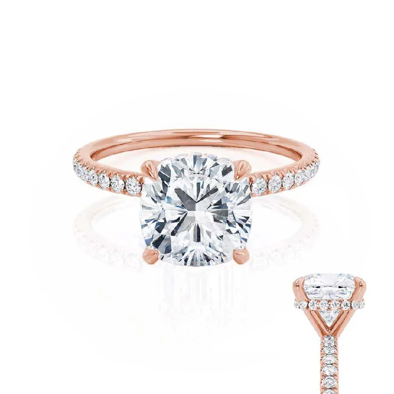 Recycled Engagement RingsLIVELY - Cushion Moissanite & Diamond 18k Rose Gold Hidden Halo Micro Pavé Shoulder Set