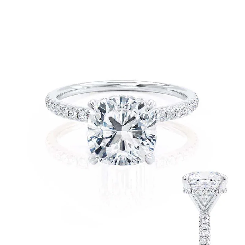 Engagement Rings for Sensitive SkinLIVELY - Cushion Moissanite & Diamond Platinum Hidden Halo Micro Pavé Shoulder Set