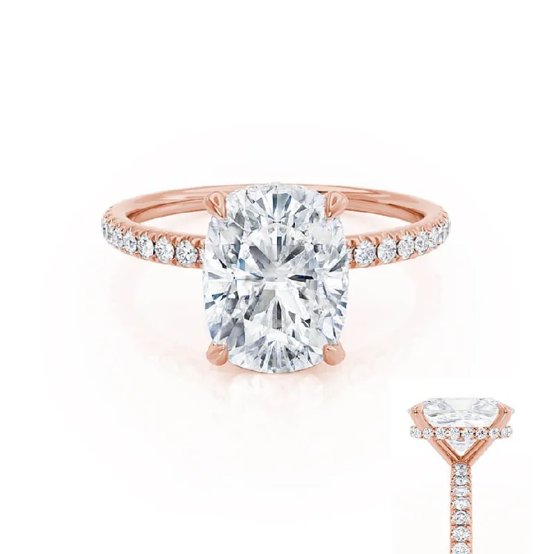 Triple Halo Engagement RingsLIVELY - Elongated Cushion Moissanite & Diamond 18k Rose Gold Petite Hidden Halo Pavé Shoulder Set Ring