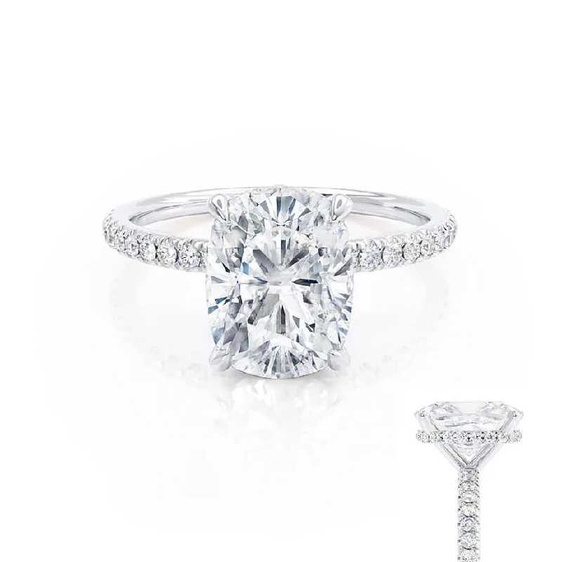 Nature Inspired Engagement RingsLIVELY - Elongated Cushion Moissanite & Diamond Platinum Petite Hidden Halo Pavé Shoulder Set Ring