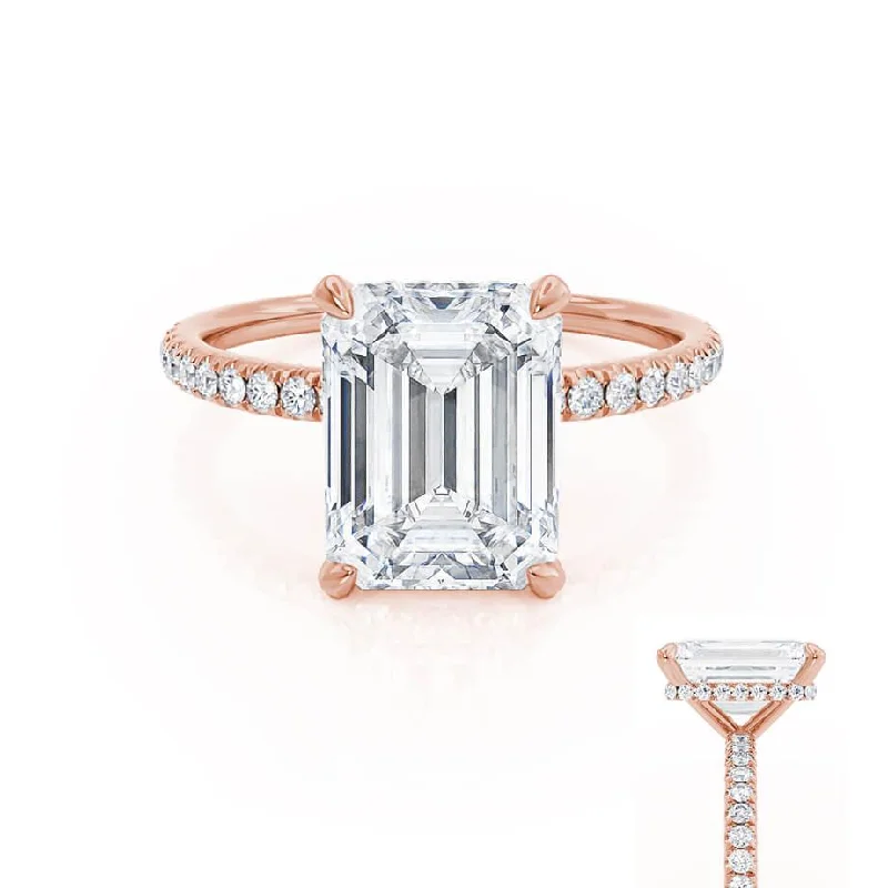 Modern Design Engagement RingsLIVELY - Emerald Moissanite & Diamond 18k Rose Gold Petite Hidden Halo Pavé Shoulder Set Ring