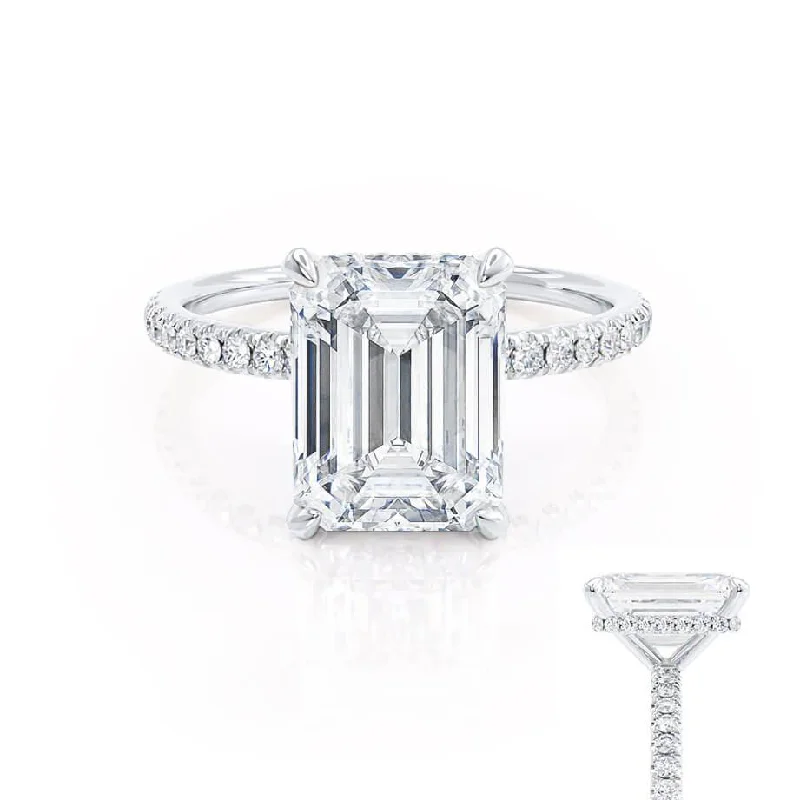 Affordable Engagement RingsLIVELY - Emerald Moissanite & Diamond Platinum Petite Hidden Halo Pavé Shoulder Set Ring