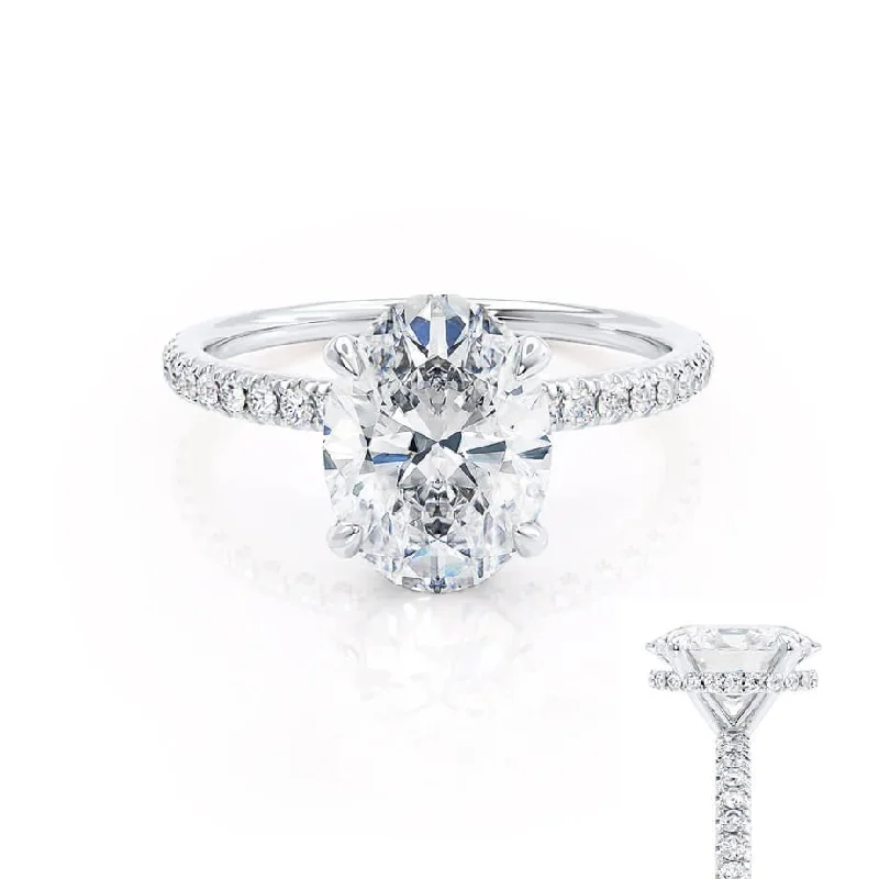 Double Halo Engagement RingsLIVELY - Oval Moissanite & Diamond Platinum Petite Hidden Halo Pavé Shoulder Set Ring