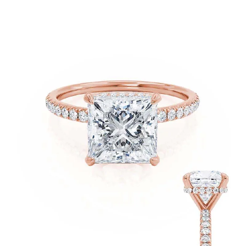 Ethical Engagement RingsLIVELY - Princess Moissanite & Diamond 18k Rose Gold Hidden Halo Micro Pavé Shoulder Set